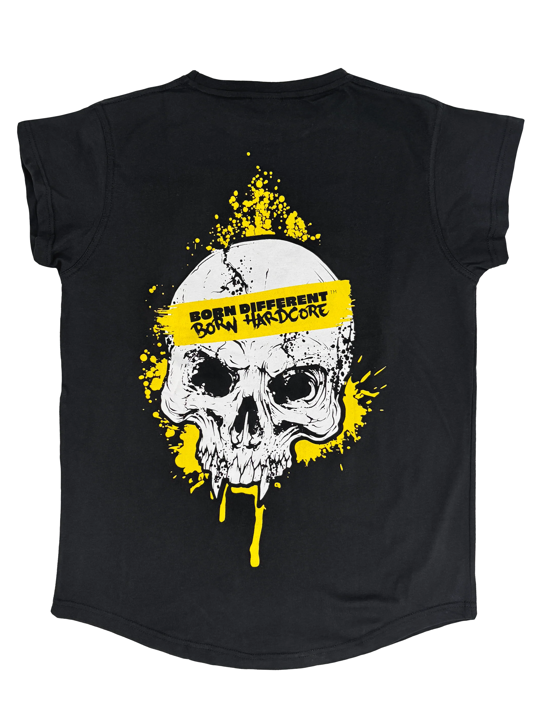 MUTANT® BORN HARDCORE WOMEN’S SKULL CAP SLEEVE GYM SHIRT (BLACK & YELLOW) - Image 2