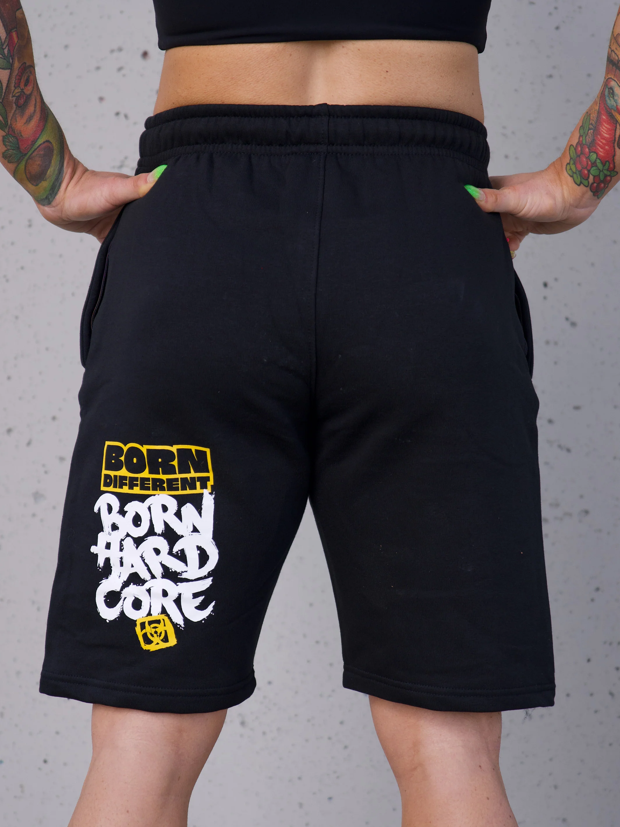 MUTANT® BORN HARDCORE 9" Graffiti Gym Shorts (Black & Yellow) - Image 3