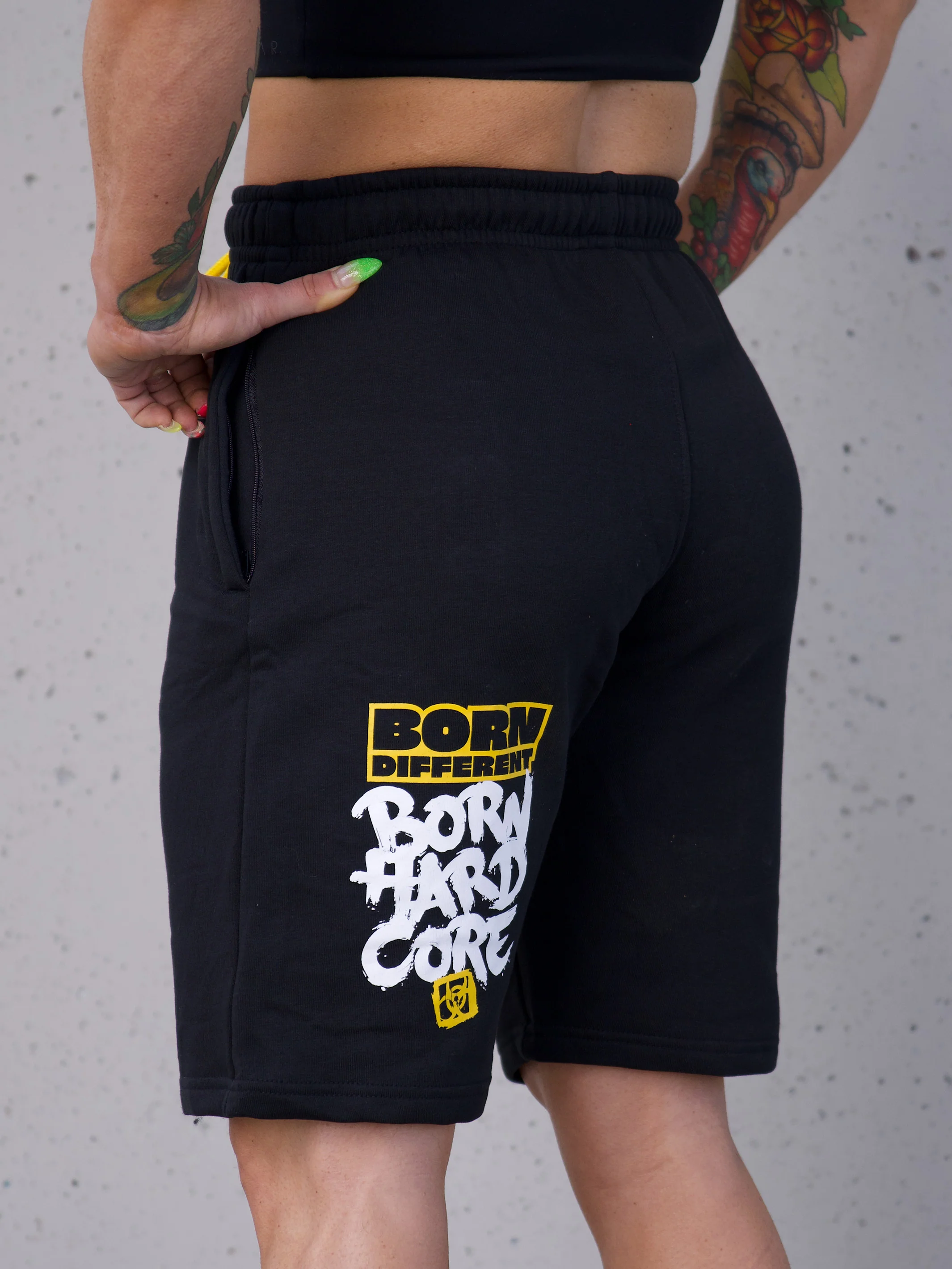 MUTANT® BORN HARDCORE 9" Graffiti Gym Shorts (Black & Yellow) - Image 4