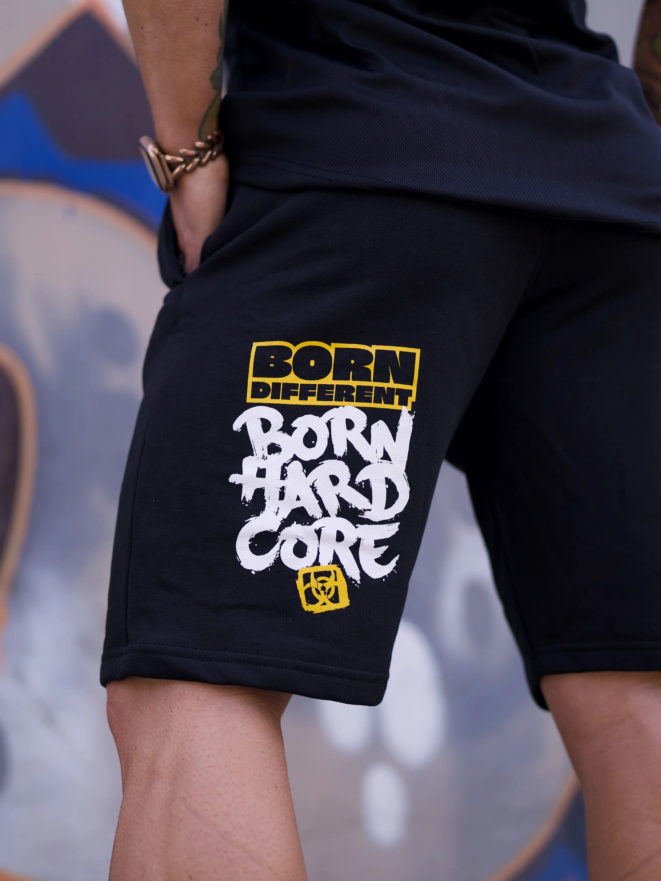 MUTANT® BORN HARDCORE 9" Graffiti Gym Shorts (Black & Yellow) - Image 6